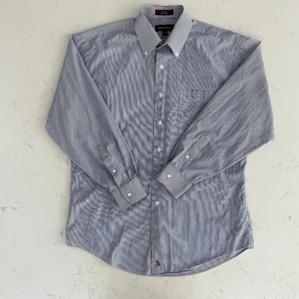 Nordstrom Lg Slv Button Down Oxford Collar Striped Cotton Shirt Blue+Wht Sz 15.5